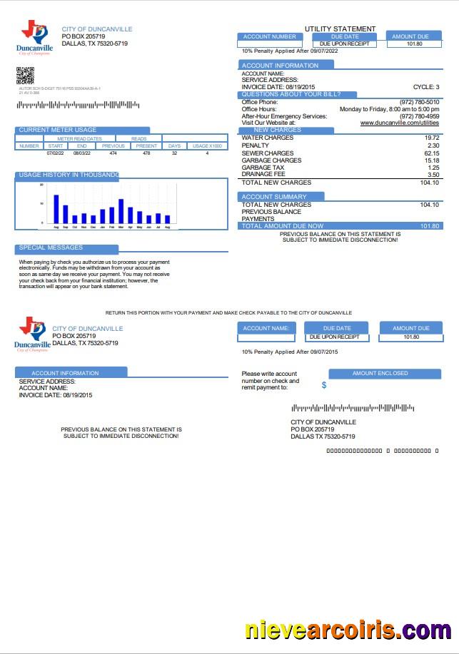 USA Texas City of Duncanville utility bill